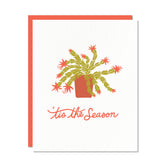 Holiday greeting card with a red envelope. Illustration of a Christmas cactus. Hand lettered text reads tis the season in red. 