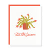 Holiday greeting card with a red envelope. Illustration of a Christmas cactus. Hand lettered text reads tis the season in red. 
